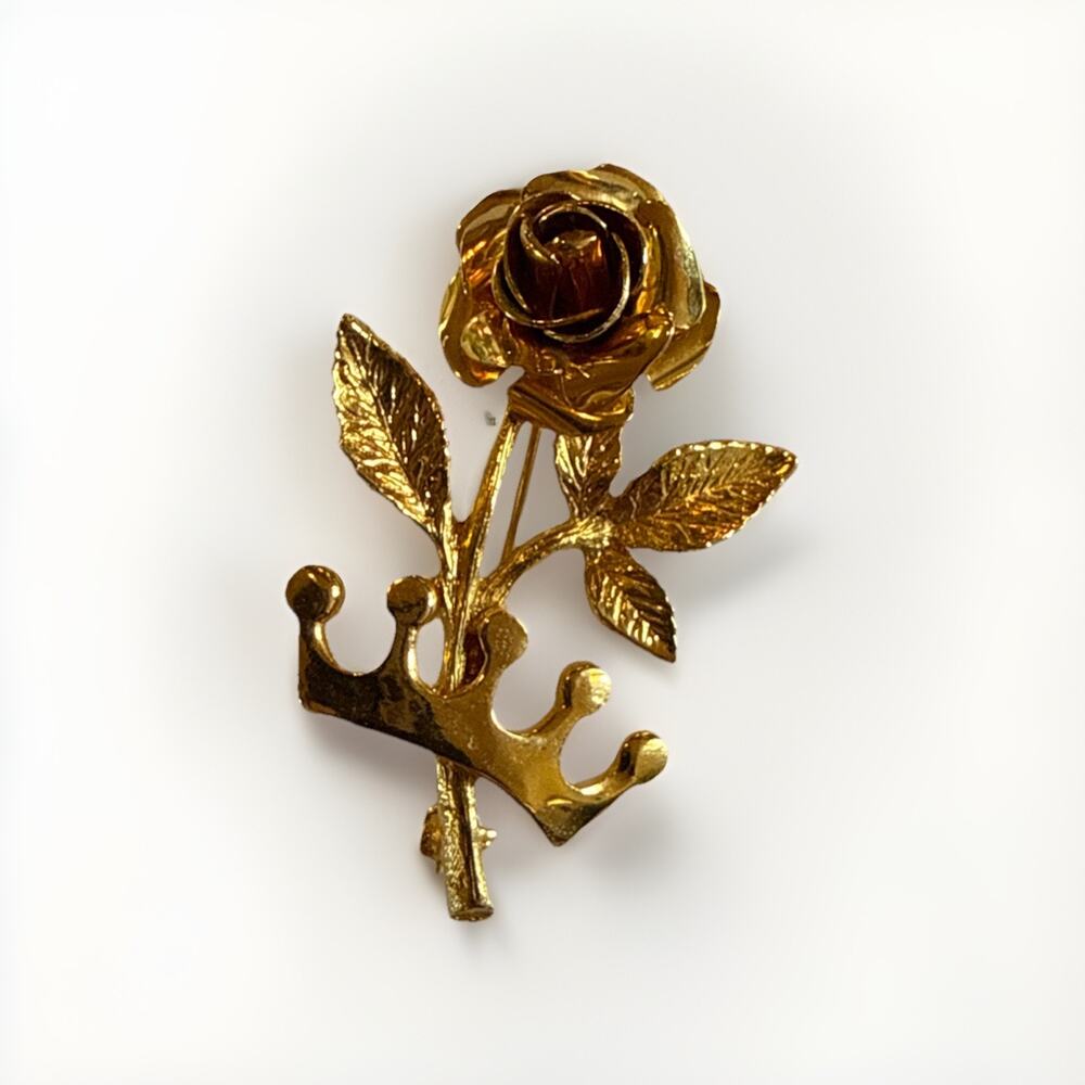 Vintage Gold Tone Rose and Crown Brooch | Royalcore Aesthetic Floral Pin